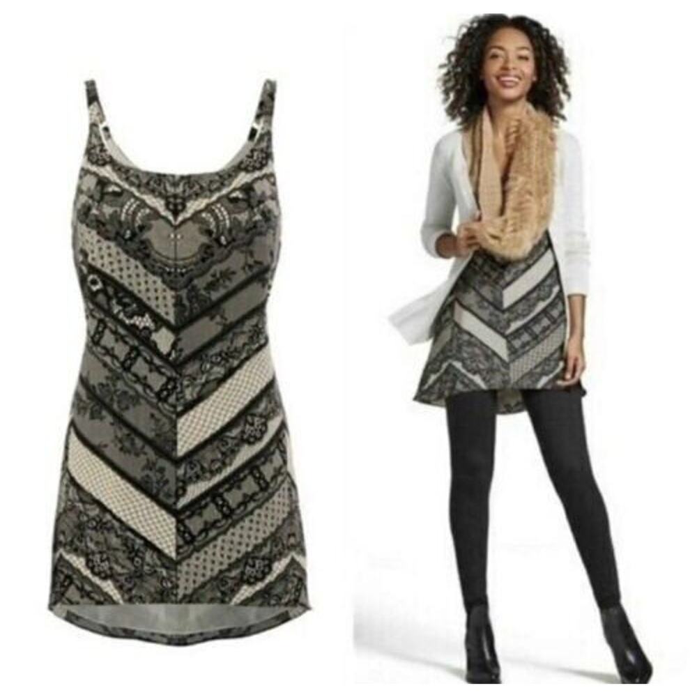 CAbi Monaco Cami Tunic Top Chevron Lace Print Fairy Dark Academia Black Size XS